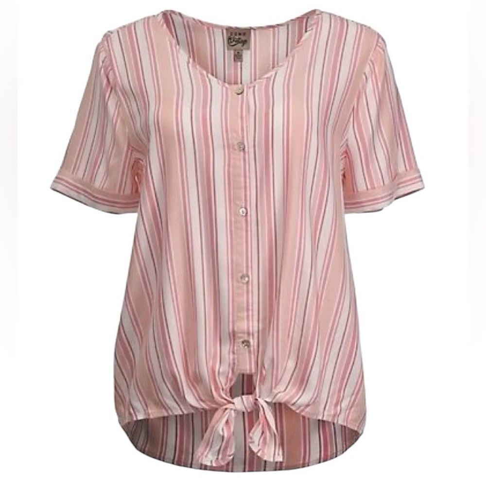Como Vintage Striped Short Sleeve Tie Front Button Down Shirt Sz XL